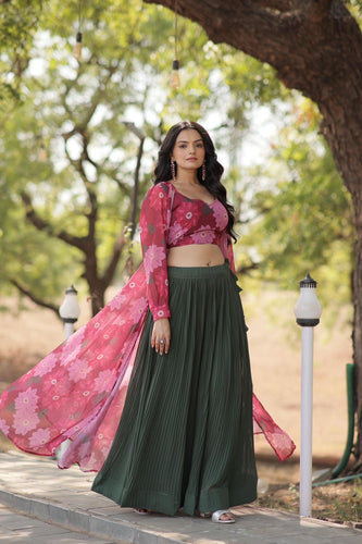 Green georgette readymade Lehenga with shrug