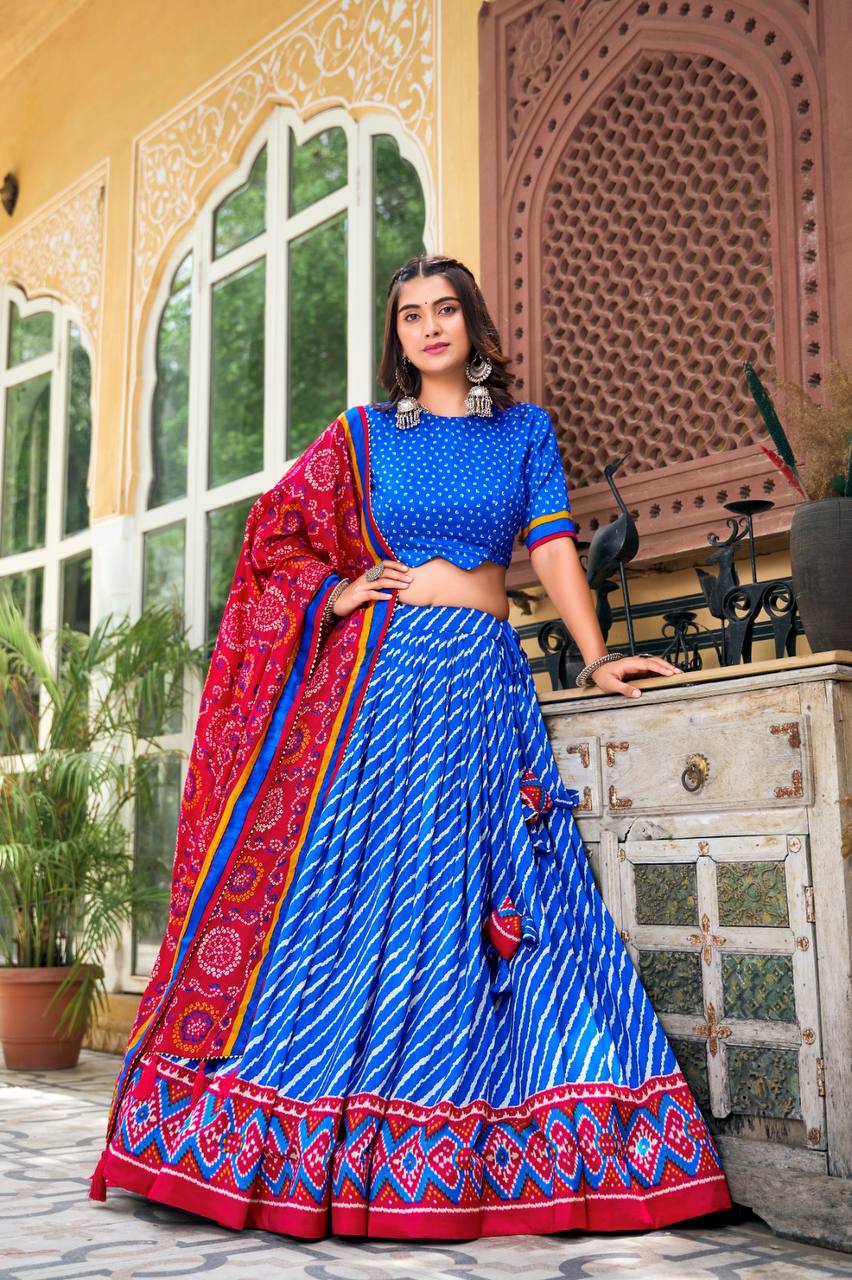 Tussar silk bandhej and Leheriya print in royal blue (skirt stitched)