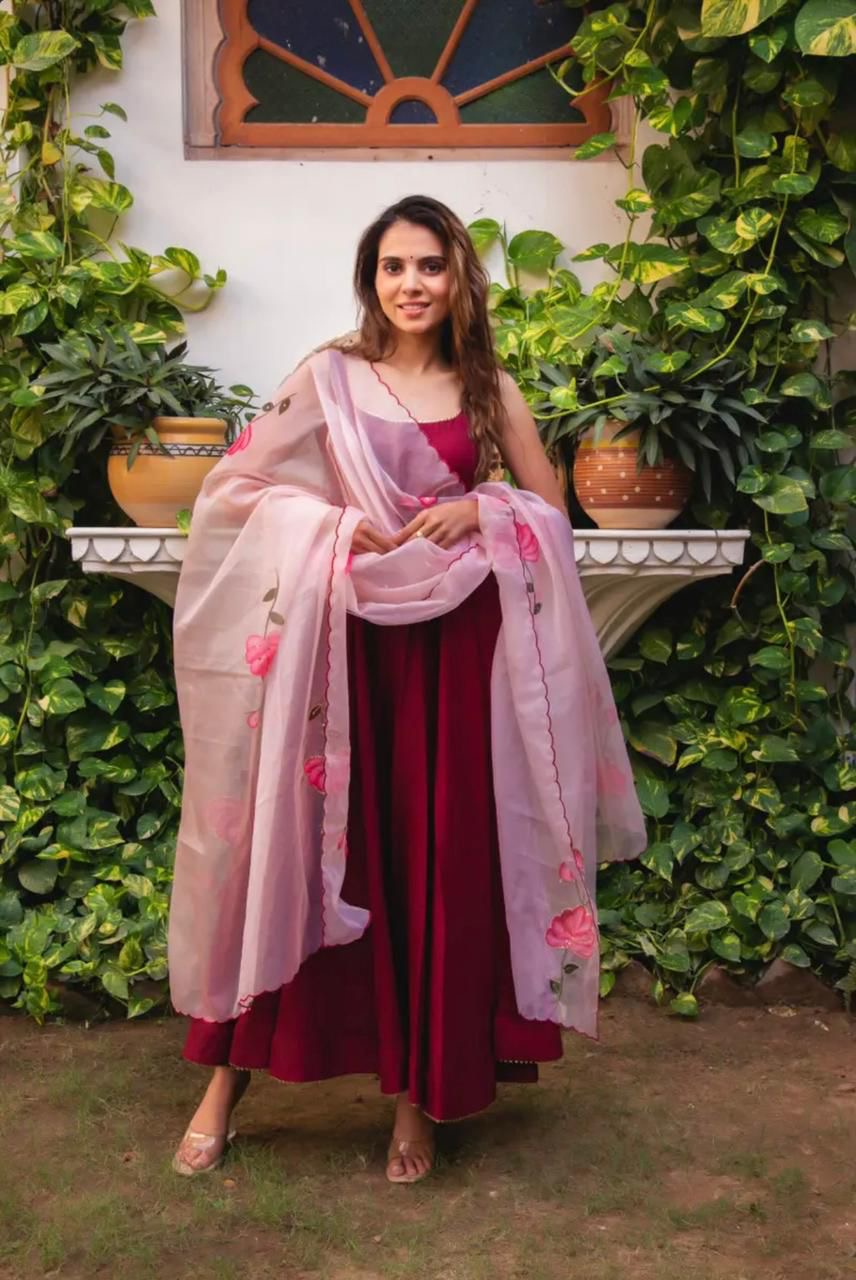 Maroon chinon anarkali readymade