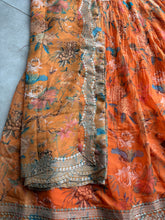 Mustard yellow organza bird and floral print Lehenga