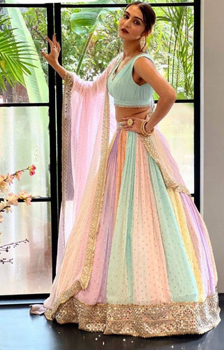 Multicolour pastel mirror work Lehenga