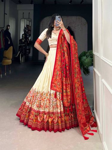 Tussar silk elephant and peacock design in off white (skirt stitched)