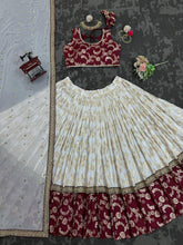 Red and off white jacquard Lehenga