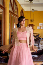 Pale pink and light green readymade Lehenga with koti