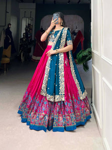 Tussar silk traditional Lehenga multi floral border in pink (skirt stitched)