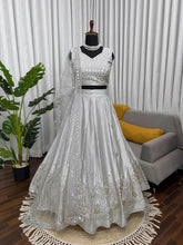 Silver satin silk thread work sequins Lehenga