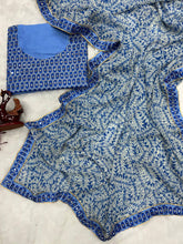 Blue leaf print mirror work saree