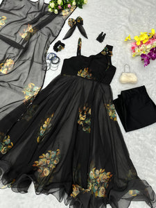 Black organza floral one shoulder style anarkali