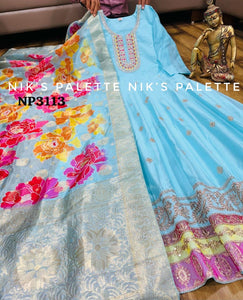 Niks - blue modal chanderi silk anarkali (plus size too up to UK 30)