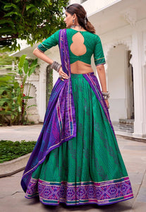 Tussar silk bandhej print Lehenga in green (skirt stitched)