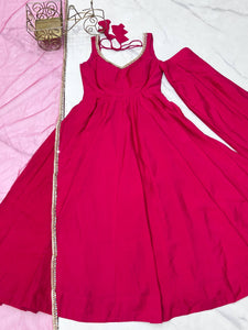 Roman chanderi silk anarkali set in Rani pink (sleeves available)