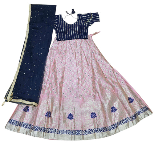 Baby pink and navy blue brocade lehenga