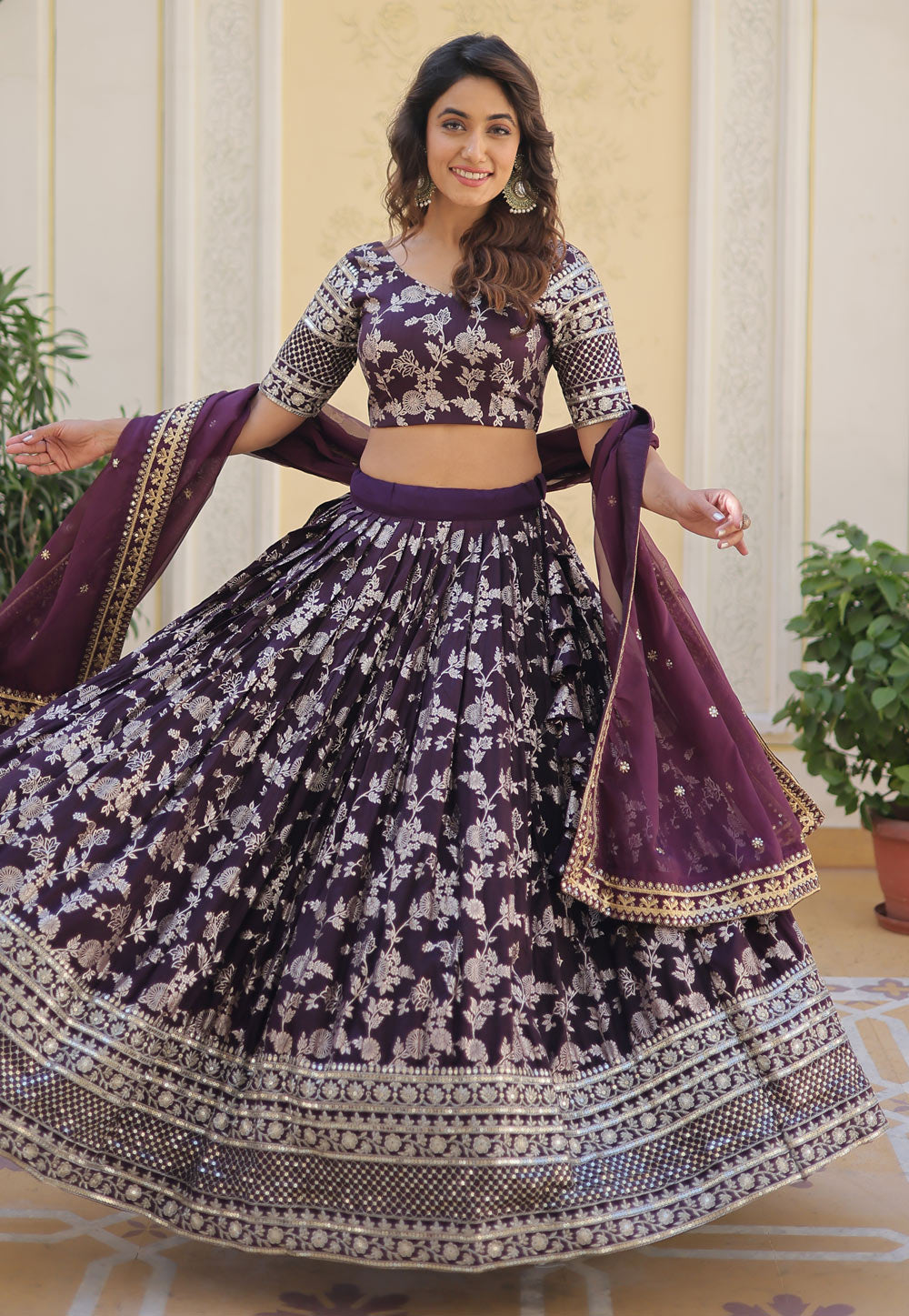 Wine viscose jacquard Lehenga