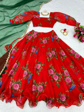 Red floral organza silk with green dupatta - readymade Lehenga