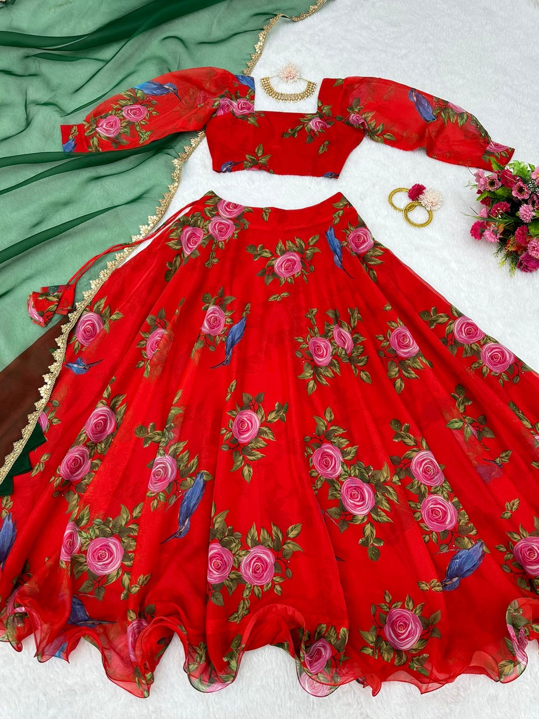 Red floral organza silk with green dupatta - readymade Lehenga
