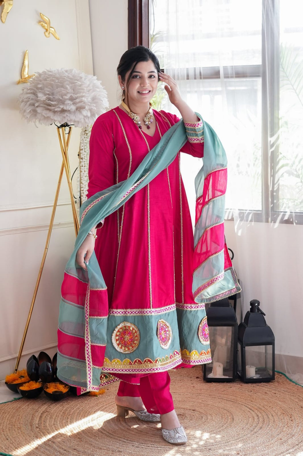Hot pink gotta A line anarkali set (S-12XL) (plus size too)