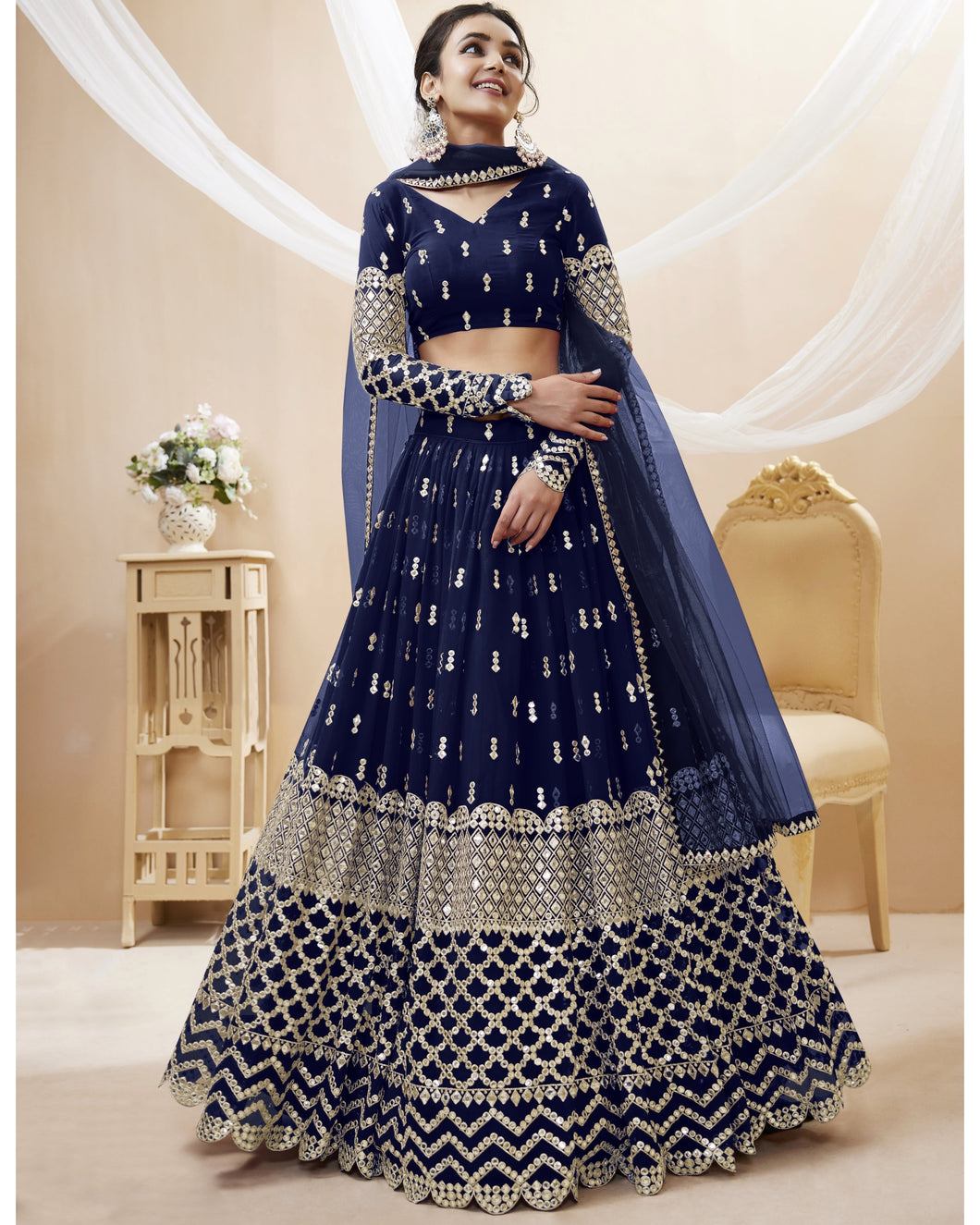 Tanaya - navy blue zari sequins georgette Lehenga (long sleeves possible)