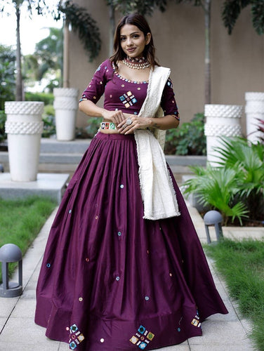 Purple cotton mirror work Lehenga