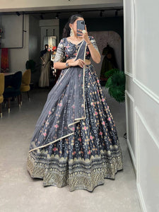 Bridesmaids - chinon digital print lehenga in grey