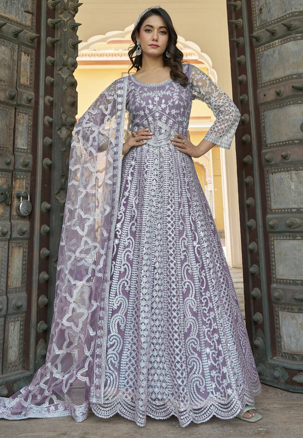 Lavender mirror work anarkali - size 44 & 46