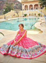 Fuschia pink embroidery and printed Dola silk gown