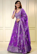Purple organza bird and floral print Lehenga