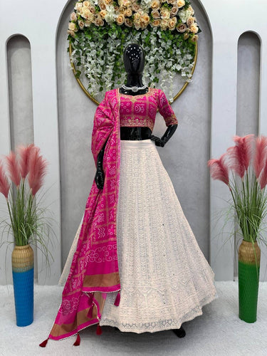 White and pink bandhani lehenga