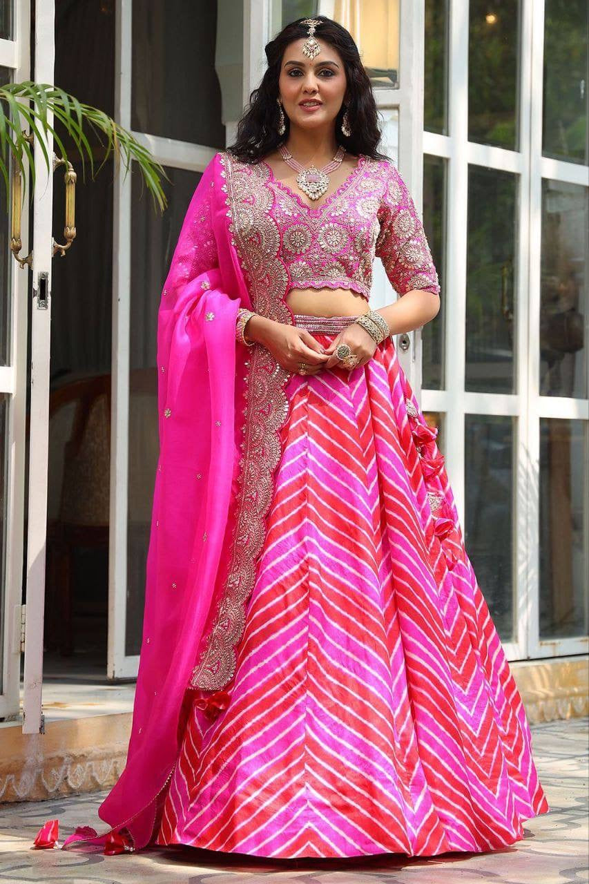 Pink and red diamond silk Lehenga