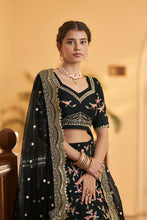 Chinon silk floral multi thread and sequin Lehenga in black