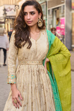 Ivory silk anarkali with green bandhani print dupatta