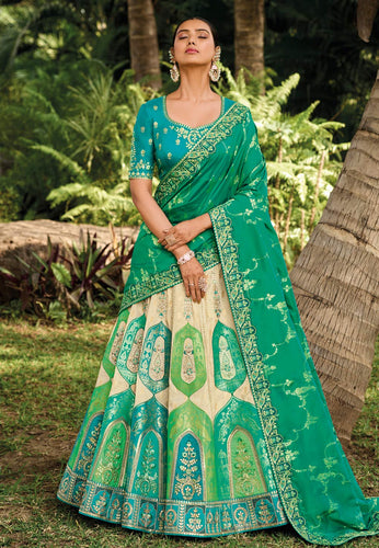 Serenity vol 4 - cream and green jacquard silk Lehenga