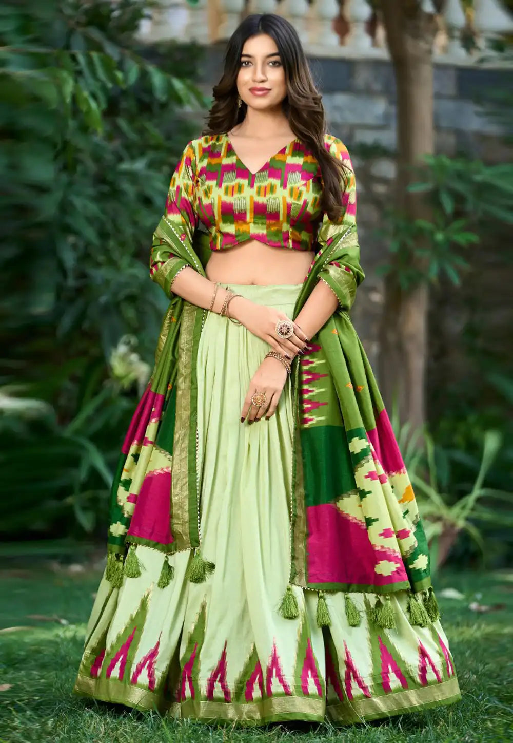 Tussar silk tilakavati Lehenga in pista green