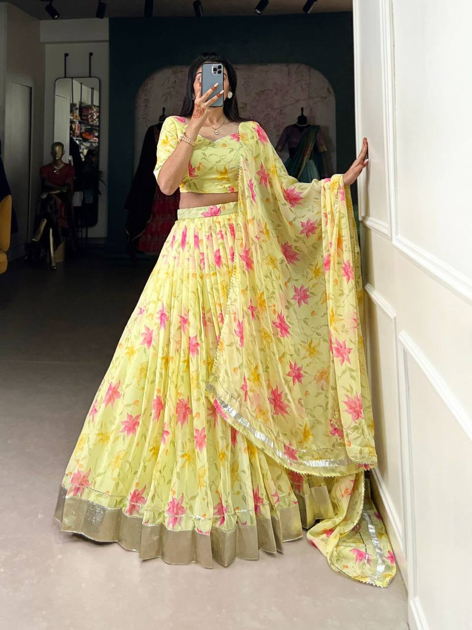 Yellow floral silk Lehenga (skirt stitched)