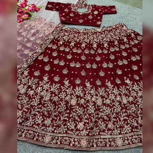 Maroon velvet embroidered Lehenga