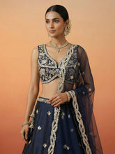 Dark blue tissue embroidered lehenga