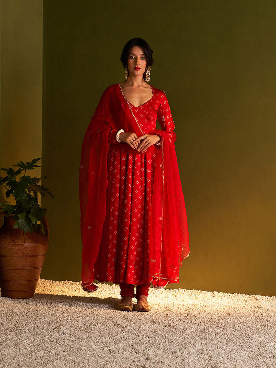 Red bandhani digital print Anarkali