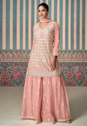 Janisha - baby pink readymade chinon silk palazzo suit