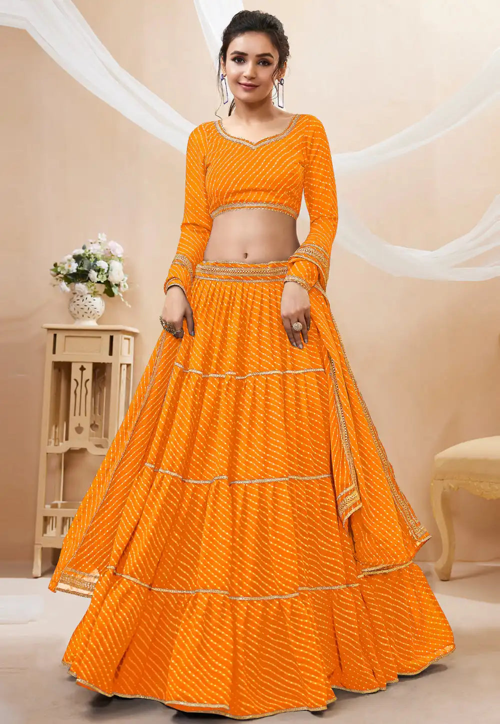Yellow leheriya Georgette Lehenga