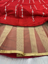 Red mirror work satin silk lehenga