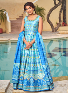 Blue embroidery and printed Dola silk gown