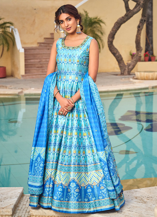 Blue embroidery and printed Dola silk gown