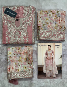 Baby pink silk floral salwaar kameez suit