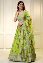 Light green organza bird and floral print Lehenga