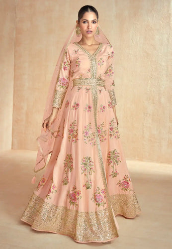 Peach center slit floral silk anarkali