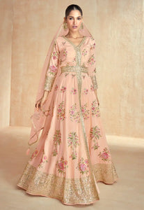 Peach center slit floral silk anarkali