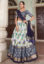 Tussar silk floral Lehenga in navy blue