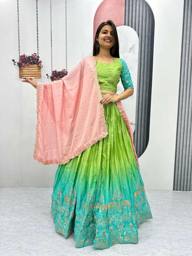 Green ombré Lehenga with elephant design