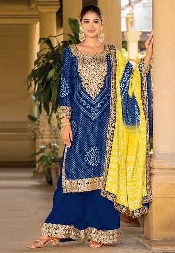 Navy blue chinon palazzo suit bandhani print (plus size too up to 48”) (gurudwara wedding)