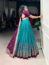 Tussar silk traditional Lehenga multi floral border in firozi (skirt stitched)