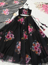 Floral organza silk black Lehenga